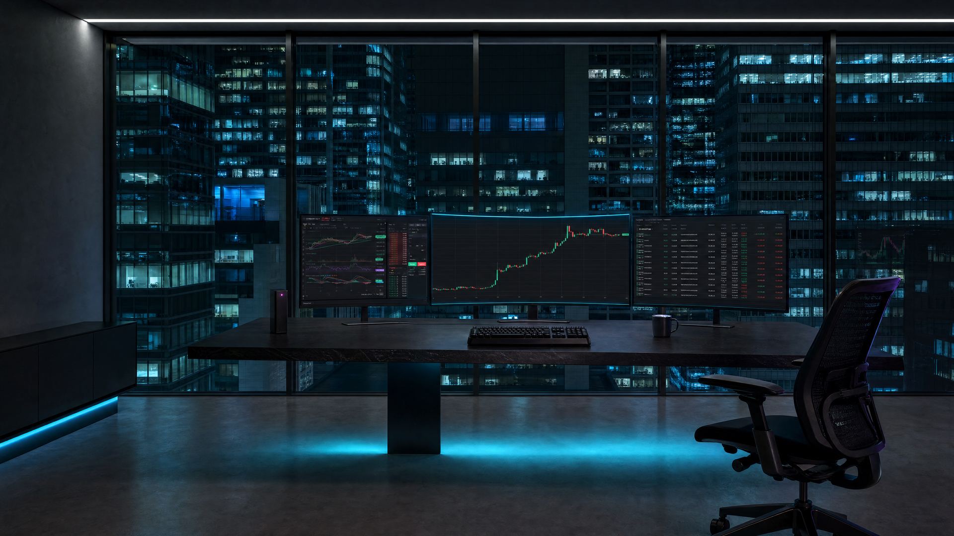 Night-time trading desk with curved multi-monitor crypto charts overlooking a lit city skyline - AI-powered Bitcoin and Ethereum signals from H2 Softbotics&reg;